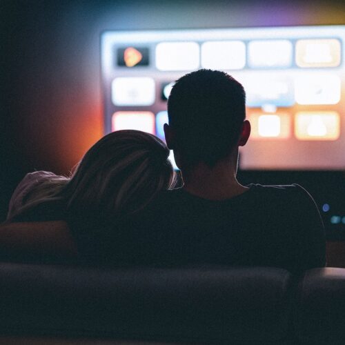 couple, dark room, watching