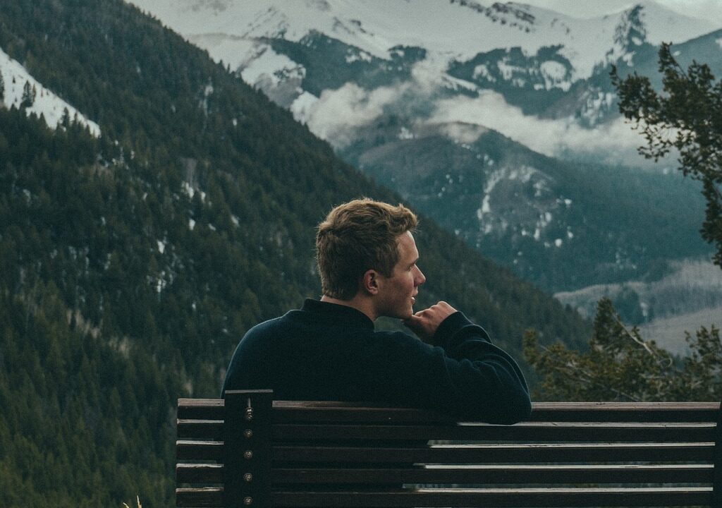 bench, man, mountains