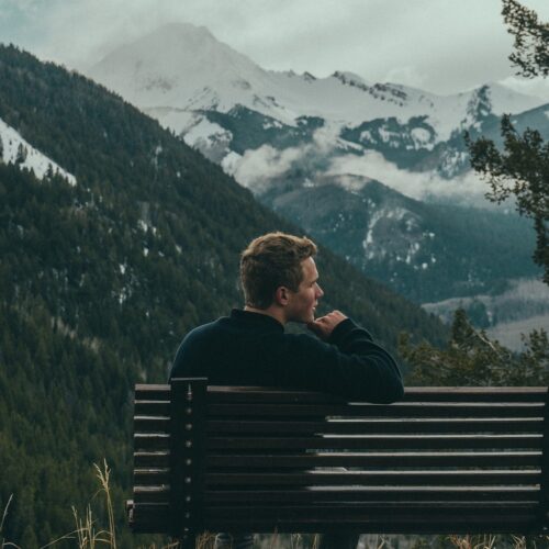 bench, man, mountains