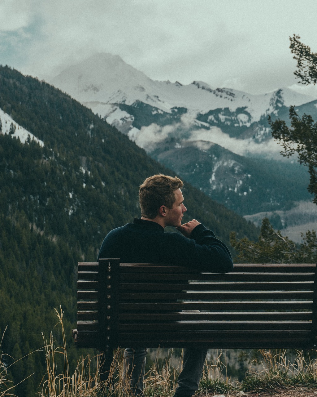 bench, man, mountains