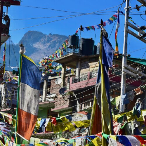 Colorful Flags and Fabrics in Town